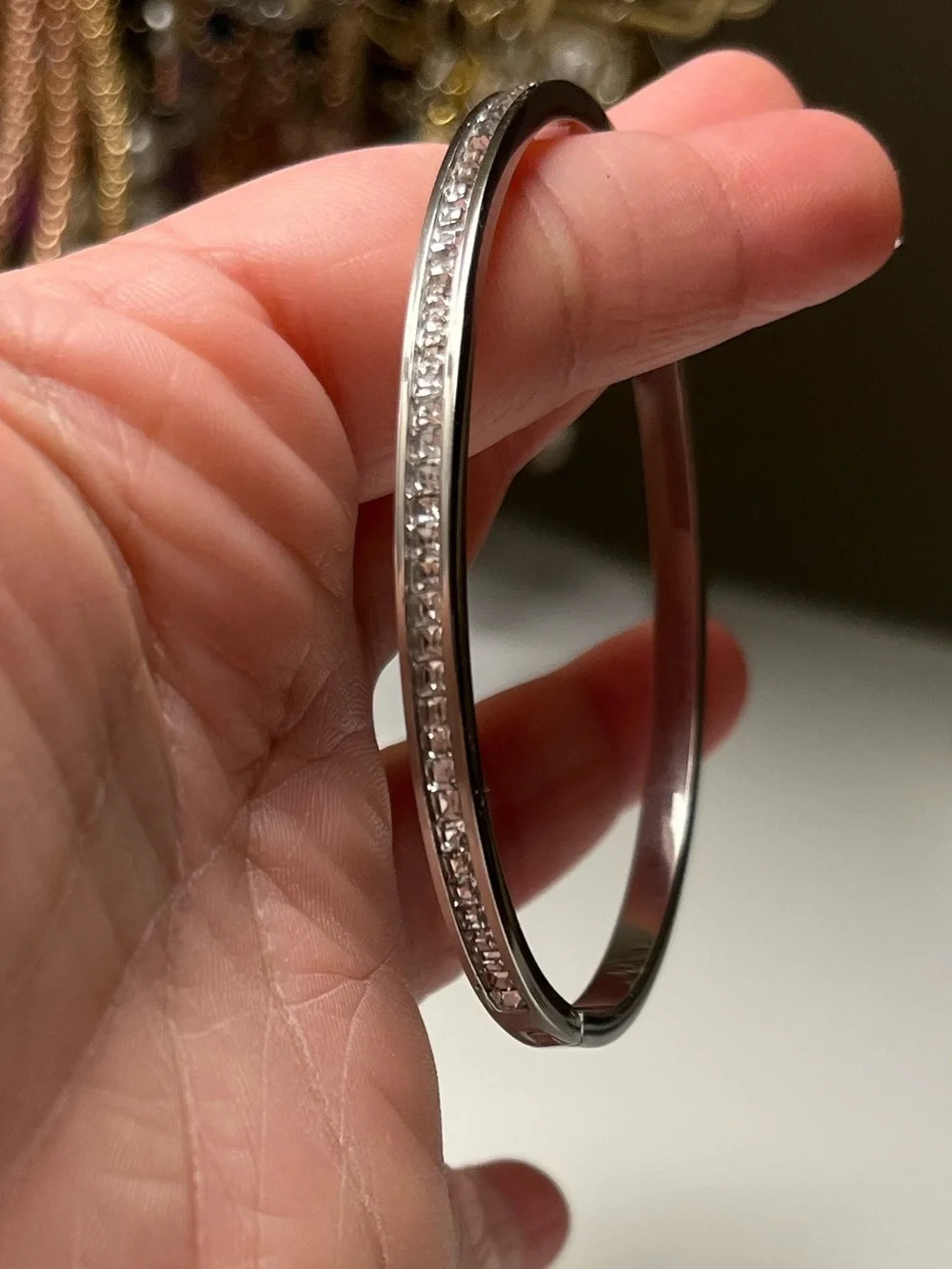 Silver Tone Rhinestone Hinged Bangle Bracelet